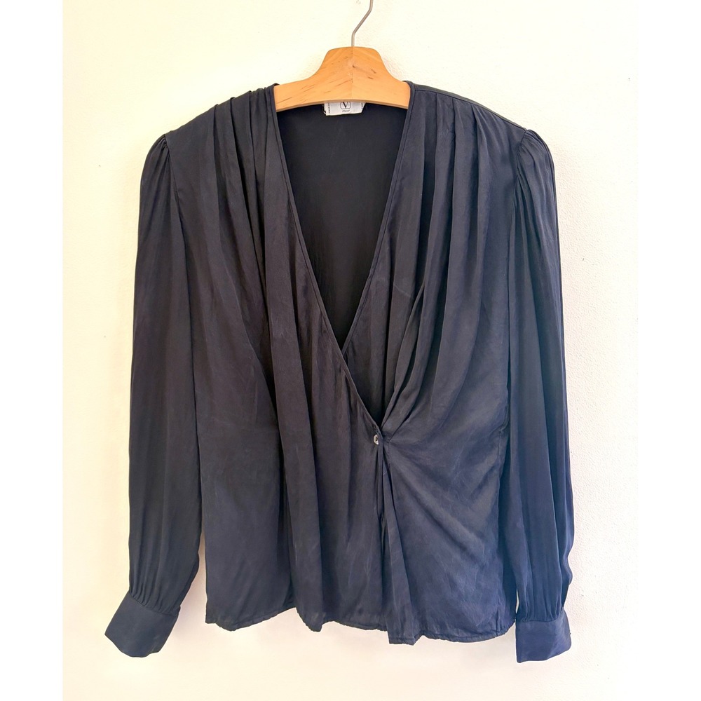 Vintage Valentino 90s Miss‎ V Black Silk Draped Wrap Blouse Made Italy Size M